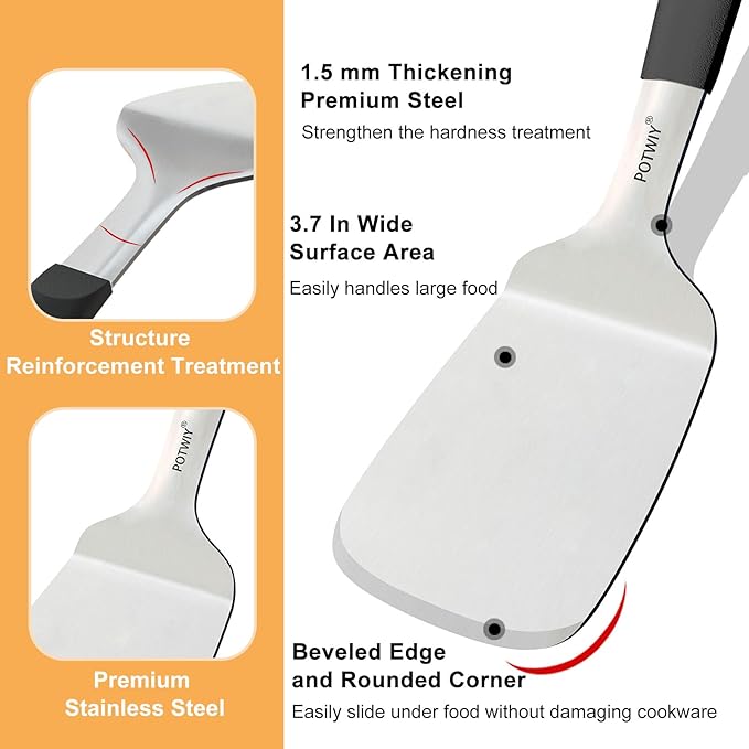 2-Piece Stainless Steel Spatulas Set, 13.3" & 11.3" Metal Spatula for Cooking Cast Iron Skillet and Flat Top Grill, Heavy Duty Turner with Silicone Handle for Flipping Steak, Burgers, Pancake