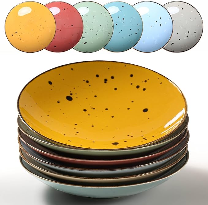 8.1 Inch Serving Bowls - Set of 6 | 16 Oz Large Pasta Salad Bowls, Microwave/Oven Safe, Wide Shallow Porcelain Bowls for Party, Dinner, Entertaining, Stackable - Vivid Assorted Colors