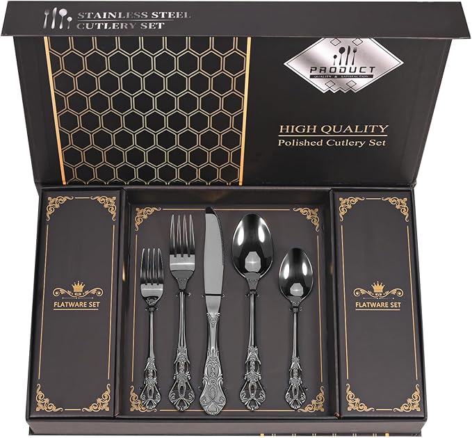 Retro Royal Black Silverware Set With Gift Box, 60-Pieces Cutlery Set Utensils Stainless Steel Flatware For 12 MIKIWAY Kitchen Tableware Set For Gifts Festive, Dishwasher Safe, Mirror Polishing