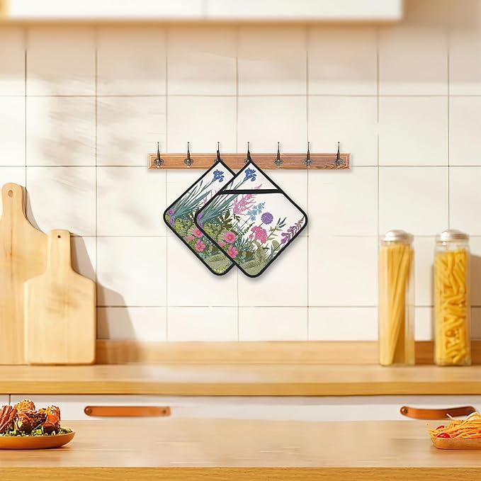 Weed Pot Holder Set of 2,Herbs and Wild Flowers Kitchen Heat Resistant Potholder for Women Men BBQ Cooking Baking