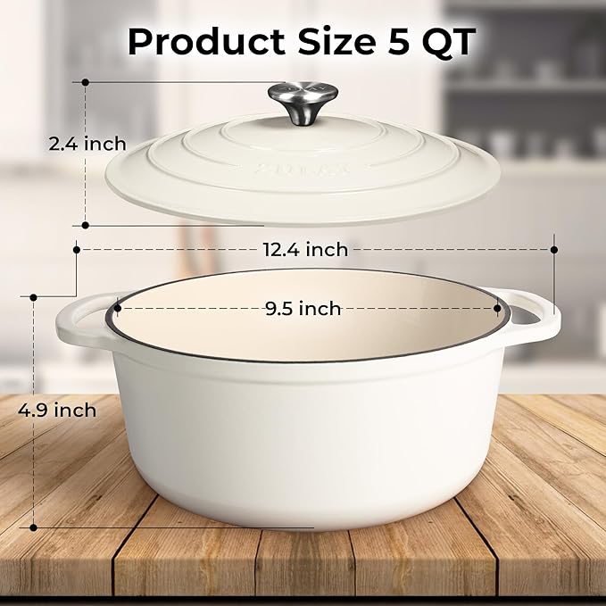 Zulay Kitchen 5 Quart Enameled Cast Iron Dutch Oven with Lid,Silicone Trivet & Heat Pad – Premium Durability & Oven Safe up to 500°F– Heavy Duty Cookware Perfect for Bread Baking, Stews, Braising & Roasting – White