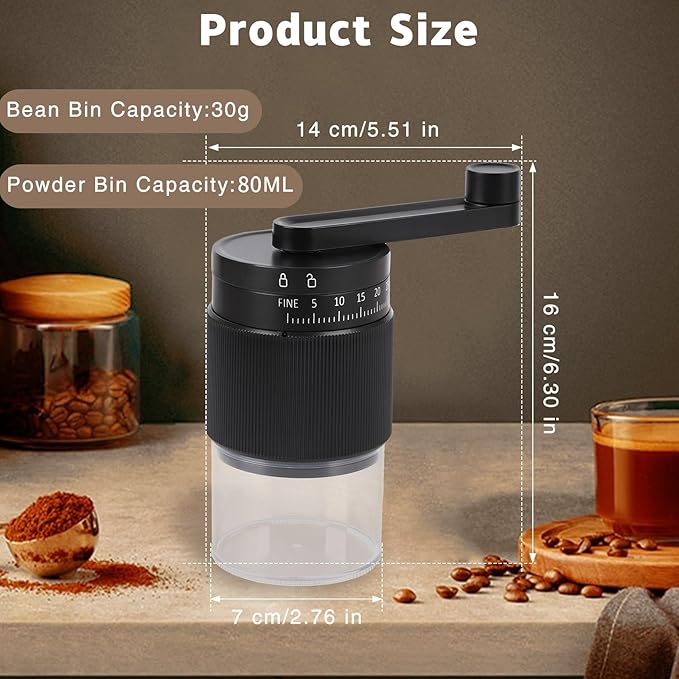 Manual Coffee Grinder - 95 Ceramic Burr, Adjustable Coarse to Fine, 30g Beans & 80ml Powder, Detachable Handle for Espresso, French Press, Camping (Black)