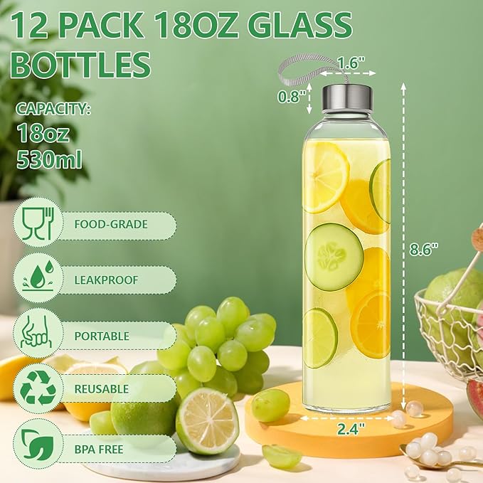 12 Pack 18oz Glass Juice Bottles with Lids Carry Strap, Reusable Glass Water Bottle BPA Free Leakproof Wide Mouth Smoothie Tea Coffee Cold Brew Storage Refrigerator Safe
