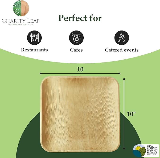 Compostable 10" Square Palm Leaf Dinner Plates (200-pack) | Premium, 100% Natural, Disposable, Heavy Duty | Perfect for Parties, Weddings & Catering Events
