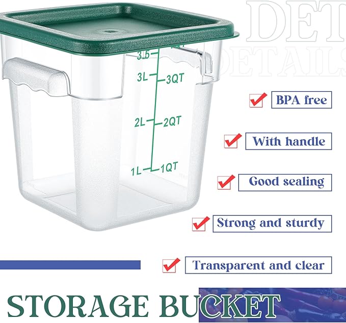 8 Set Square Food Storage Containers with Lid Contains 4 Pcs 6 Qt, 12 Quart and 4 Quart 2 Each, Clear Polycarbonate Commercial Food Storage Container Dough Proofing for Restaurant Home