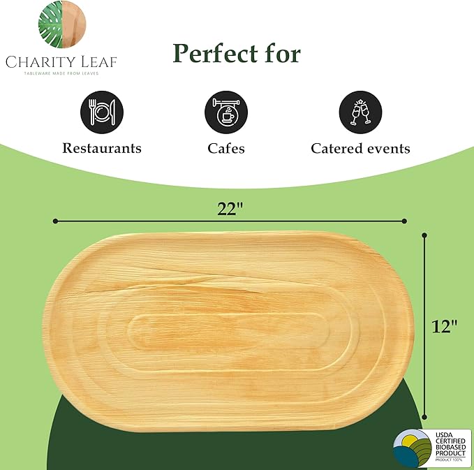 10-Pack 22"x12" Palm Leaf Trays | Eco-Friendly, Compostable Platters for Weddings, Charcuterie Boards & Events