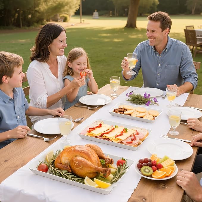 3-Pack Serving Tray for Parties, Serving Platter in 3 Sizes for Entertaining, Camping & Food Display, Plastic Trays for Cookies, Dessert, Stackable Rectangular Platters for Family(White)