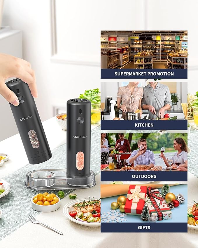CIRCLE JOY Rechargeable Electric Salt and Pepper Grinder Set with Base, Automatic Pepper Mills with 110ml Container, External Adjustable Coarseness, White Led Light and One-Handed Operation, Black