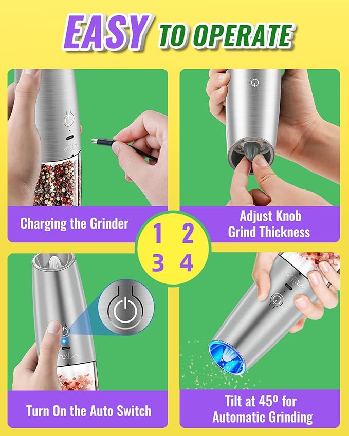 Rongyuxuan Upgraded Rechargeable Gravity Electric Salt and Pepper Grinder Set with LED lights,Stainless Steel Automatic Pepper or Salt Grinder Mill Shaker Refillable with Adjustable Coarseness,Sliver