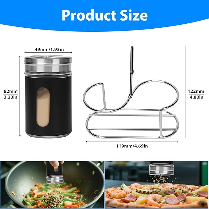 Glass Salt and Pepper Shaker Set with Seasoning Rack, Spice Rack, Adjustable Pour Hole Stainless Steel Lid, 2.8 oz, Spice Dispenser for Salt, Pepper, Spice Preservation (black)