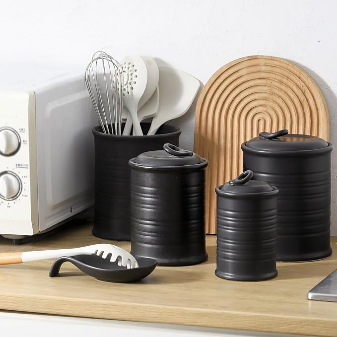 Nihow Food Storage Jar Sets: Ceramic Container with Air Tight Lid for Flour/Sugar/Rice/Coffee/Cookies/Candy - Seal Damp-proof Canister for The Kitchen - Set of 3 (Matte Black)