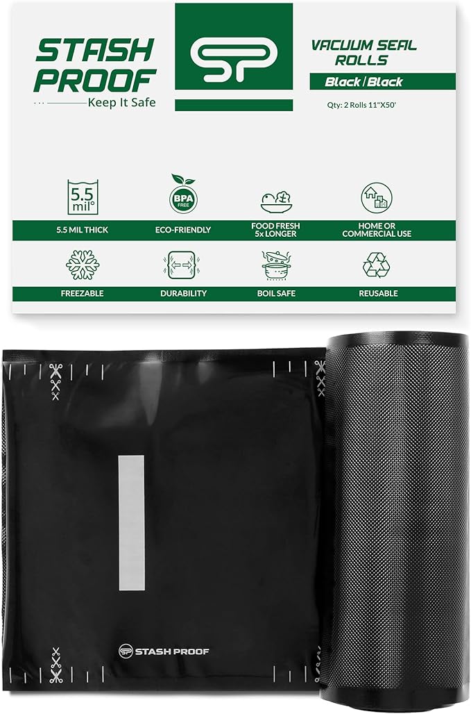 Vacuum Seal Rolls 11" x 50' 2 Pack (100 Feet Total) 5.5 Mil (Black and Black) - BPA Free Commerical Grade Food Saver for Storage, Sous Vide, and Meal Prep Sealer Bag