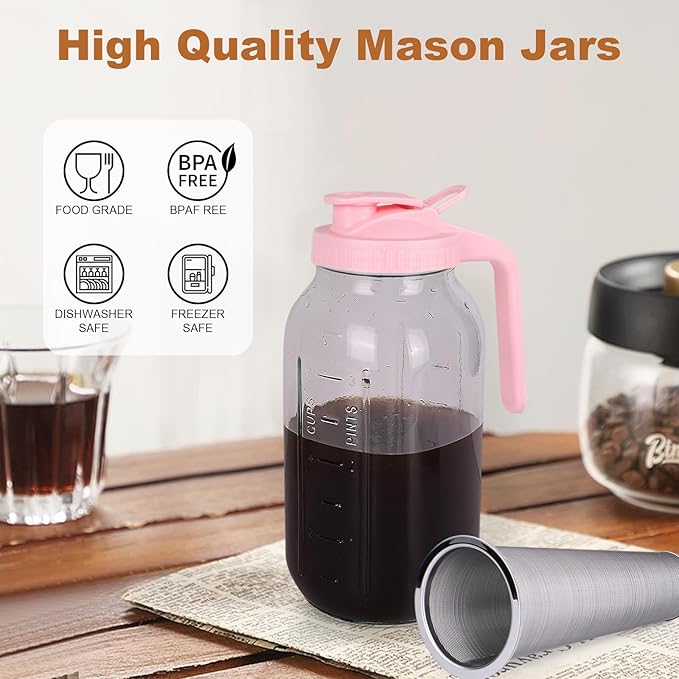 Cold Brew Coffee Maker,64 oz Wide Mouth Mason Jar Pitcher with Stainless Steel Filter, Pour Spout Handle Lid, Heavy Duty Glass Airtight & Leak-Proof Pitcher for iced coffee & Tea Lemonade-Pink