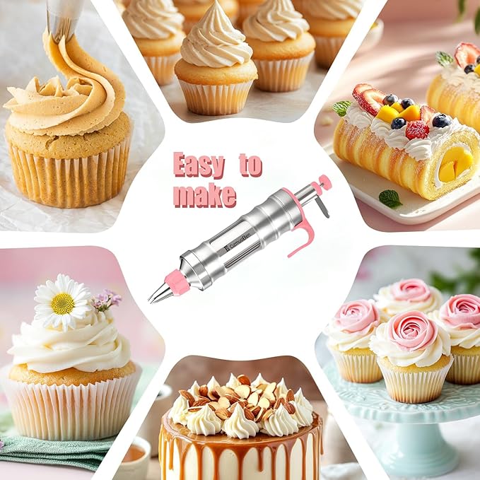 Dessert Decorating Syringe Set, Frosting Piping Kit icing piping kit Food Grade Stainless Steels (6 pro piping tips shooters 50 disposable piping bags) For Baking, Decorating Cupcake, Deviled Eggs
