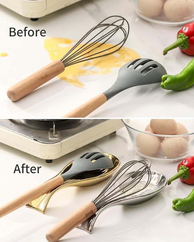 Hasense Ceramic Spoon Rest Set of 2 for Stove Top, Porcelain Spoon Holder for Kitchen Counter Cooking Utensil Home Decor, Kitchen Spatula Holders for Spoons, Ladles and Tongs, Gold and Silver