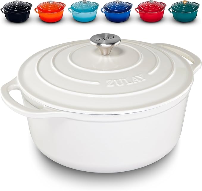 Zulay Kitchen 6 Quart Enameled Cast Iron Dutch Oven with Lid – Premium Durability & Oven Safe up to 500°F – Heavy Duty Cookware Perfect for Bread Baking, Stews, Braising & Roasting – White