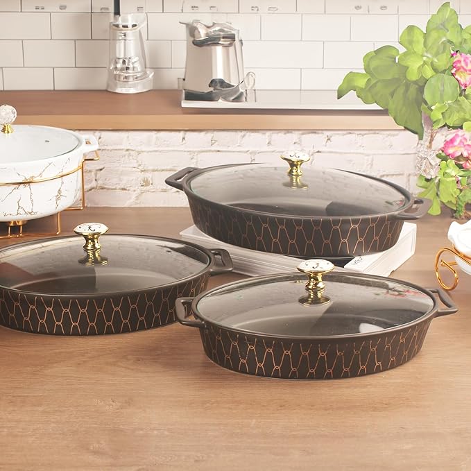 11" X 7.5" Ceramic Oval Casserole Dish with Glass Lid, 1.3 Quart Serving Soup Tureen,Chafing Dish for Buffet, Family Food preserve Tray, Catering Casserole for Party Style, Black