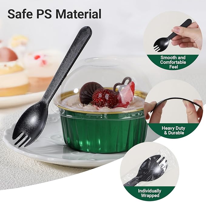 EUSOAR Creme Brulee Ramekins Disposable with Plastic Sporks, 60pcs 5oz Mini Cheesecake Pans Foil Baking Cups with Lids, Muffin Cupcake Liners Cups Custard Flan Molds for Wedding Birthday Party
