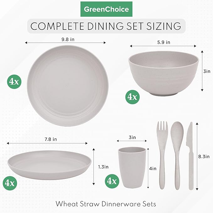 Wheat Straw Dinnerware Sets for 4 - GreenChoice Lightweight & Unbreakable Dishes Microwave & Dishwasher Safe Perfect for Camping, Picnic, RV, Dorm Plates, Cups and Bowls (Gray)