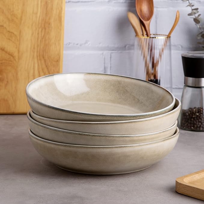 AmorArc 8.5'' Large Pasta Bowls, 36oz Ceramic Salad Serving Bowls Set of 6 for Kitchen, Wide Stoneware Bowls for Pasta,Salad,Fruit,Bread, Microwave Safe, Cappuccino