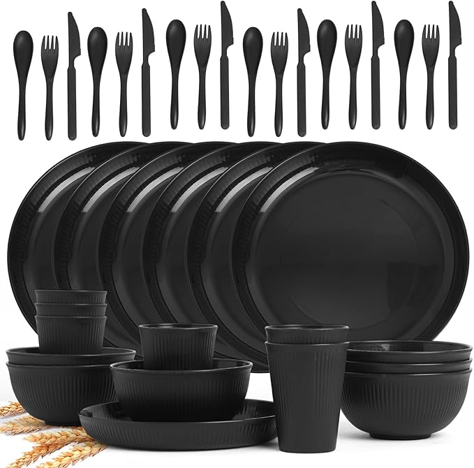 36 pcs Wheat Straw Dinnerware Sets, DAPIPIK Unbreakable Reusable Dinnerware Set, Kitchen Cups Plates and Bowls Sets Dishwasher Microwave Safe Plates (Black)