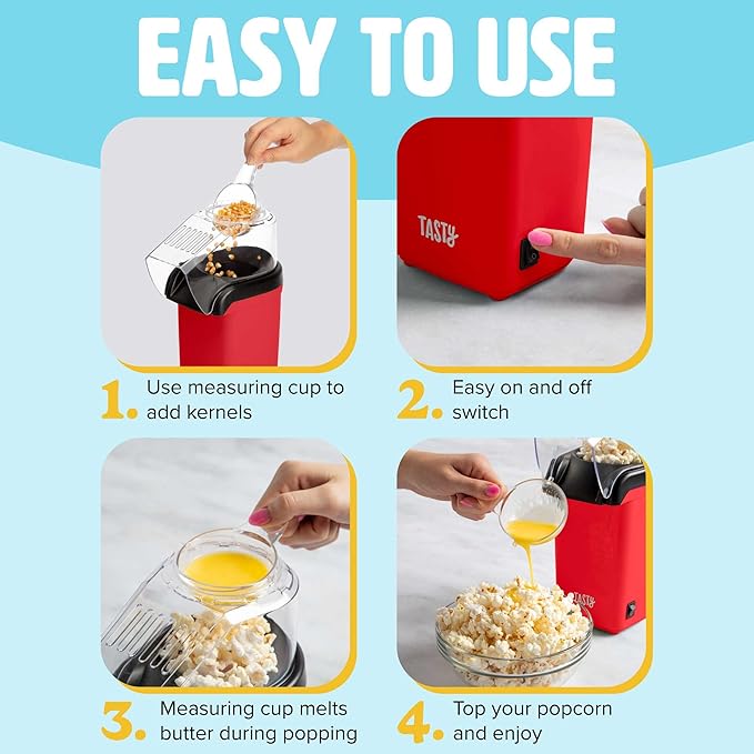 Tasty Hot Air Popcorn Popper, Healthy and Delicious Popcorn in Minutes, Fast and Easy-to-Use, Built-In Measuring Cup and Butter Warmer, 8 Cups, Red