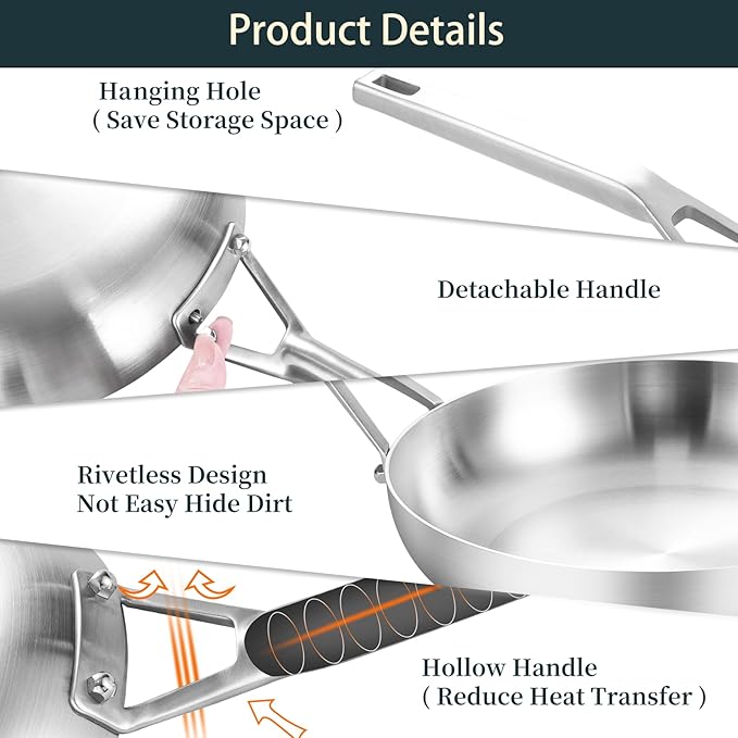 3 Ply Stainless Steel Pan Set, 8" 10" 12", Fast & Even Heating, Up to 650F, Oven & Dishwasher Safe, Compatible with All Cooktops