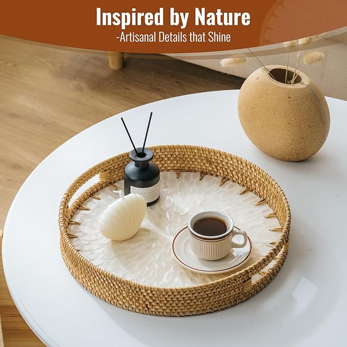 13.8 in Round Rattan Serving Tray with Handle, Mother of Pearl Inlay Wooden Base, Decorative Wicker for Table, Kitchen Island & Home Decor (White Leaf)