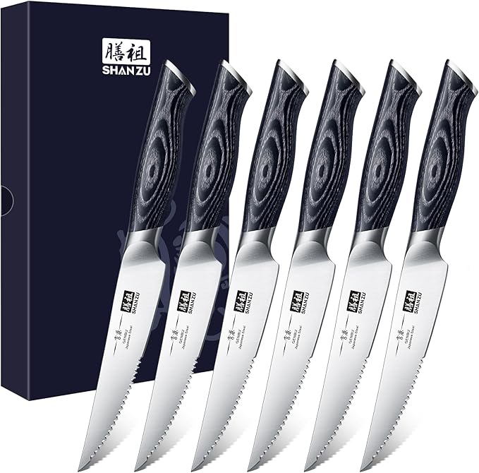 SHAN ZU 6 Pc Steak Knife Set, 4.5 Inch High Carbon Japanese Super Steel Steak Knives, Ultra Sharp Kitchen Steak Knife with K133 Ergonomic Handle, Black Tortoise Genbu Series
