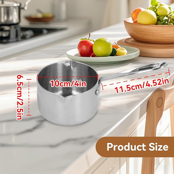 Stainless Steel Saucepan, 10oz Butter Melting Pot Butter Warmer with Dual Spouts and Long Handle Stove Top Thickened Sauce Pan for Milk Butter Sauce
