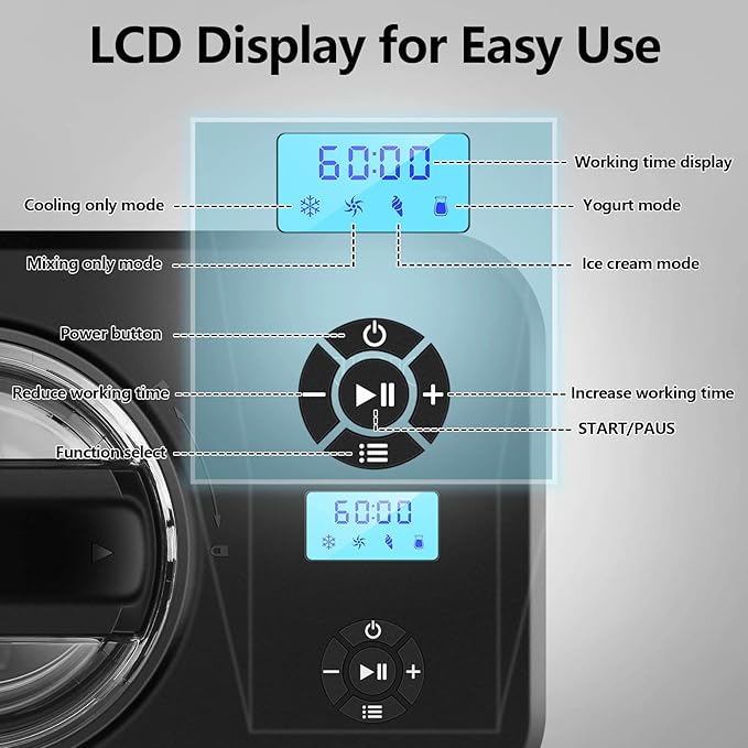 KUMIO 1.6-Quart Ice Cream Maker with Compressor, No Pre-Freezing, 4 Modes Ice Cream Maker Machine with LCD Display, Timer, Automatic Gelato & Yogurt Machine, Stainless Steel