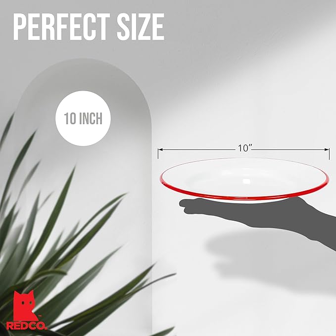 Red Co. Set of 4 Enamelware Metal Classic 10" Round Dinner Plate, Solid White/Red Rim
