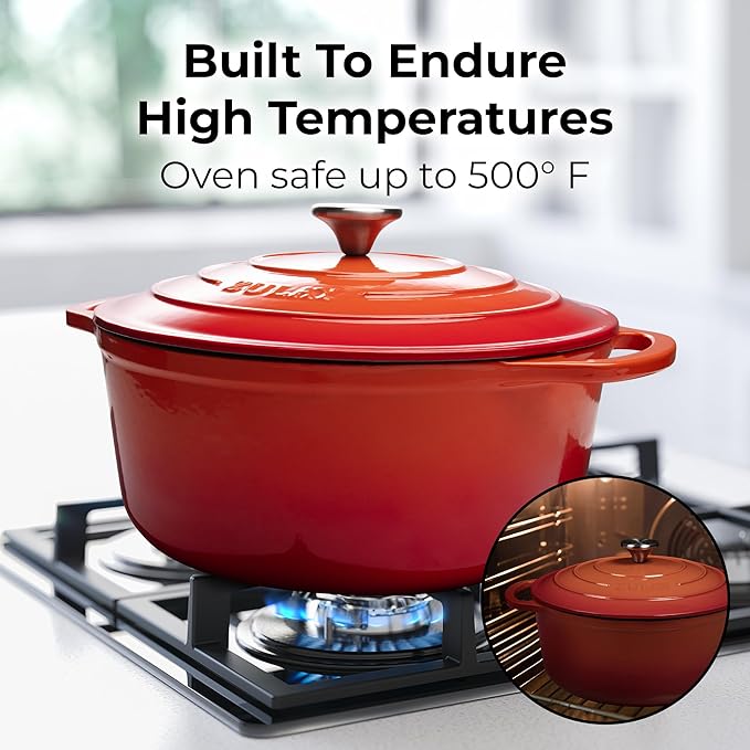 Zulay Kitchen 7.7 Quart Enameled Cast Iron Dutch Oven with Lid, Silicone Trivet & Heat Pad – Premium Durability & Oven Safe up to 500°F – Heavy Duty Cookware Perfect for Bread Baking, Stews, Braising & Roasting – Orange