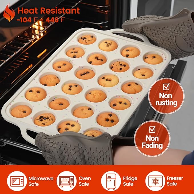 Mini Cupcake Pans, Metal Reinforced Frame Silicone Mini Muffin Pan Nonstick 24 Cups Easy to Handle for Baking Muffins, Cupcakes, Egg Bites 1 Pack
