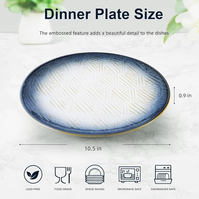 10.5” Stoneware Coupe Dinner Plates with Reactive Glaze Finish, Dishwasher Microwave Oven Safe, Ceramic and Round, Perfect for Salad, Dessert, Steak, Pasta (set of 6) (10.5" reactive glaze plates)