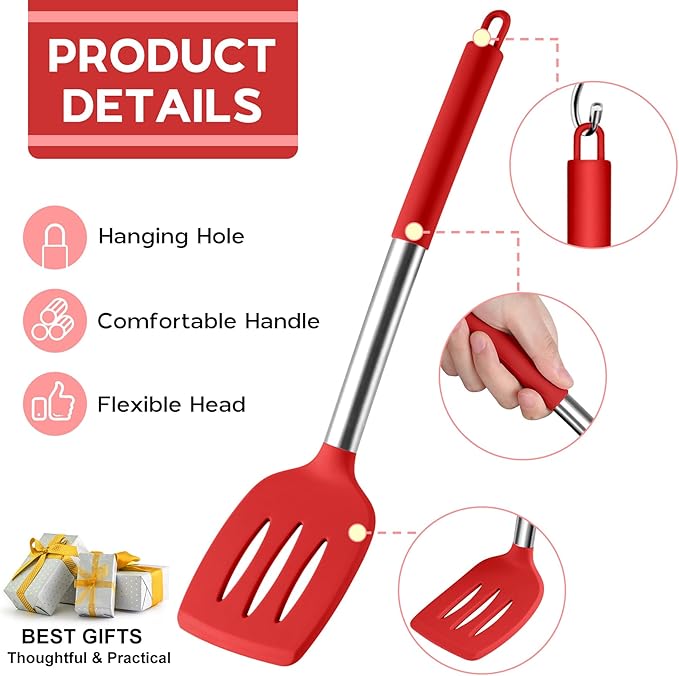 15 Pcs Silicone Cooking Utensils Set, Red Kitchen Utensils Spatula Set with Holder, Large Kitchen Gadgets Tools for Nonstick Cookware