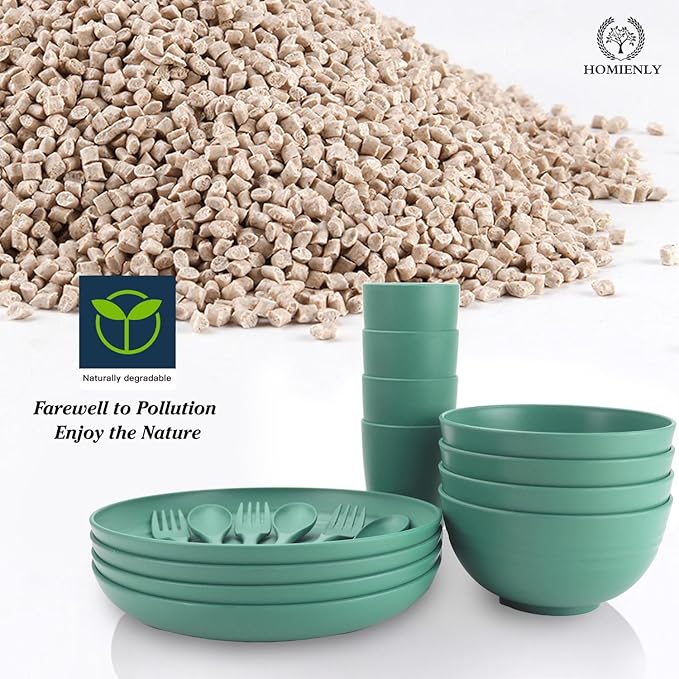 Homienly Wheat Straw Dinnerware Sets, 20pcs Unbreakable Microwave Dishwasher Safe Tableware Lightweight Bowls, Cups, Plates Set Reusable Dinner Plates Bowls set (Green)