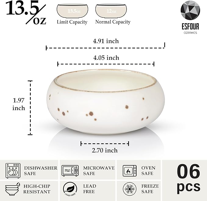 Small Hand Craft Dessert Bowls - 12oz, Set of 6 - Microwave, Oven, Dishwasher Safe, Ice Cream, Soup, Snacks, Rice, Cereal, Chili, Side Dishes Dips, Ideal Gift - Classic Assorted Colors