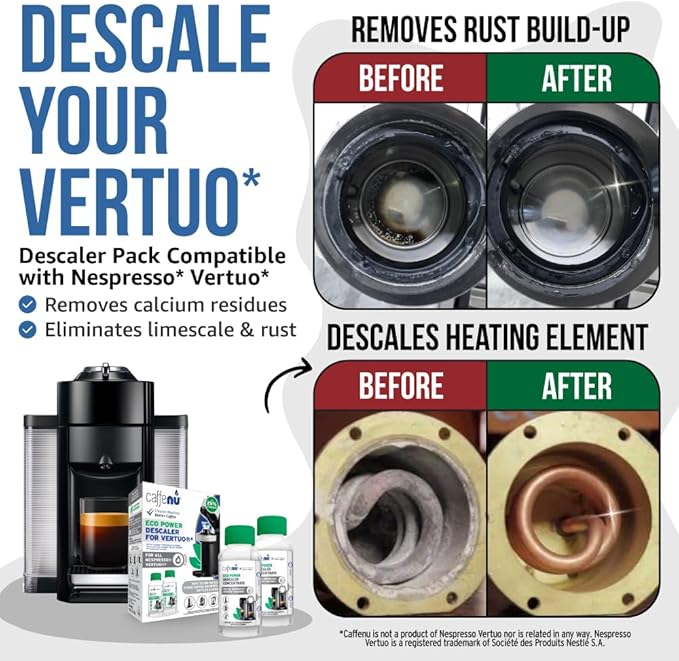 Nespresso Compatible Descaling Kit. 2 Bottles of Vertuo Descaler Solution. Removes Limescale For Hotter Coffee. 4 Uses Descaler For Nespresso Vertuo Coffee Machines.