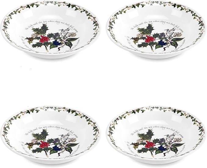 Portmeirion Holly and Ivy 8-Inch Serving Bowls (Set of 4) - Holiday Earthenware for Christmas Feasts, Ideal for Pasta, Soups, Desserts - Oven, Microwave, Freezer, Dishwasher Safe - Seasonal Tableware