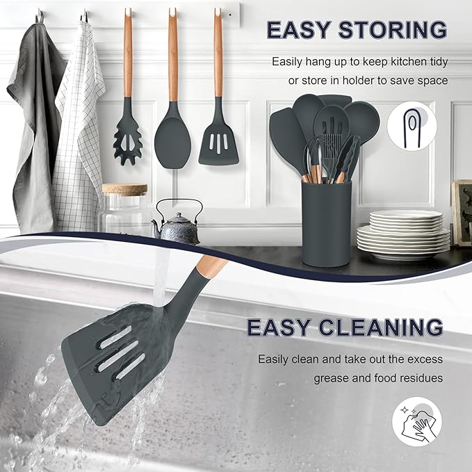 P&P CHEF Silicone Cooking Utensils Set, 12PCS Kitchen Utensils Set with Wooden Handle for Nonstick Cookware, Ladle, Spoon, Spatula, Tong, Heat-resistant & Non-scratch, Non Smell & Healthy, Gray