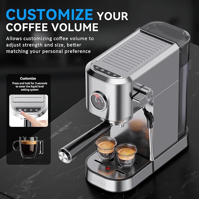 20Bar Espresso Machine, Compact Espresso Maker with Milk Frother, Stainless Steel Coffee Machine for Cappuccino&Latte, 42oz Water Tank, Visible Pressure Gauge, Home&Office, Silver