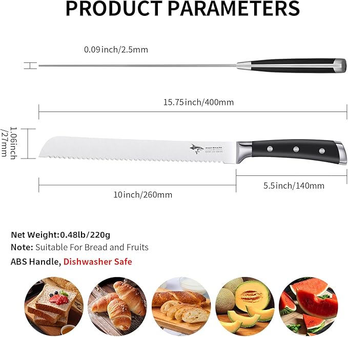 MAD SHARK Bread Knife 10 Inch Pro Serrated Bread Cutter, German High Carbon Stainless Steel Ultra Sharp Cake Knife with Ergonomic Handle, Ideal for Bread, Cakes, Bagels, and More