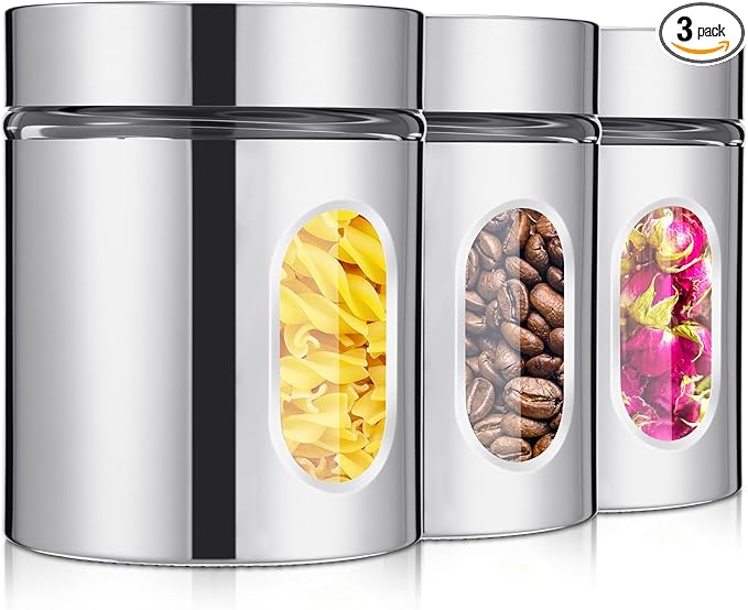 3 Pcs Stainless Steel Canister Set with Glass Windows Visible Storage Jars Silver Kitchen Canister Set for Pasta Flour Oat Sugar Container, Kitchen Tools, Housewarming Gifts (20 oz)