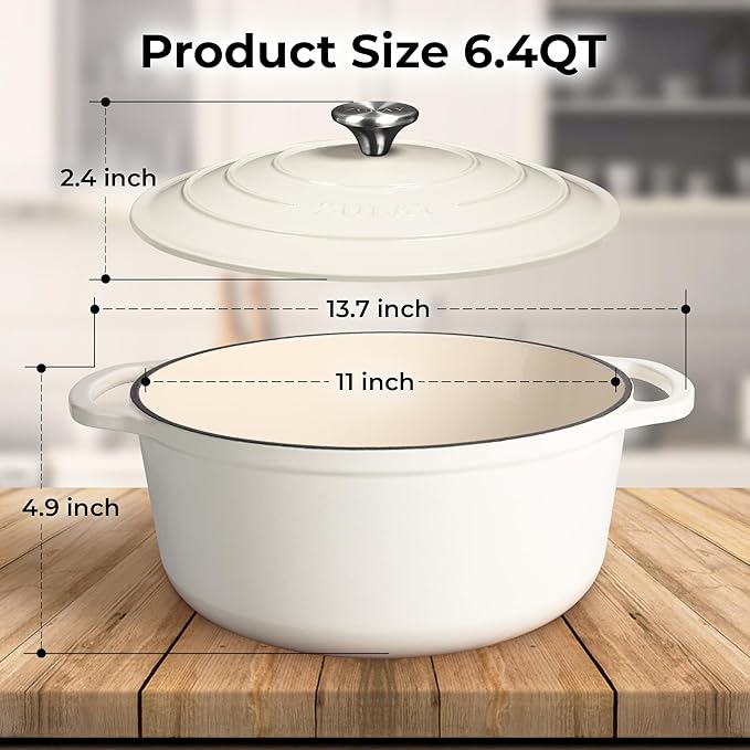 Zulay Kitchen 6 Quart Enameled Cast Iron Dutch Oven with Lid – Premium Durability & Oven Safe up to 500°F – Heavy Duty Cookware Perfect for Bread Baking, Stews, Braising & Roasting – White