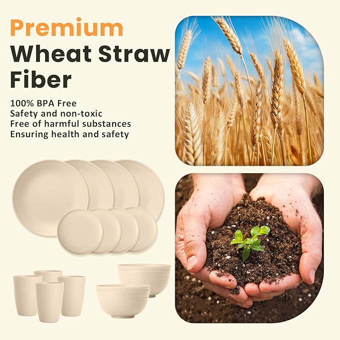 Homienly Premium Wheat Straw Dinnerware Sets, Lightweight & Unbreakable Plates and Bowls Sets,Cups,Service for 4,Dishwasher and Microwave Safe 16 PCS Dish Sets for Home,Camping- Beige