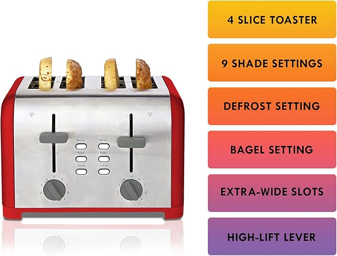 Kenmore Toaster 4 Slice - Extra Wide Slot Countertop Kitchen Appliance, Defrost Function, Grille-Pain, 9 Shade Settings, Compact Design, Easy Clean Crumb Tray, Bread Bagel, Stainless Steel & Red