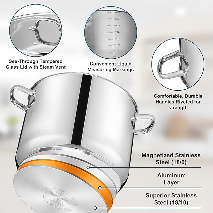 E-far 24-Quart Large Stock Pot, Stainless Steel Stockpot with Lid for Boiling Cooking Soup Stew Canning, Heavy Duty Tri-Ply Bottom Works w/Induction, Commercial Grade & Dishwasher Safe