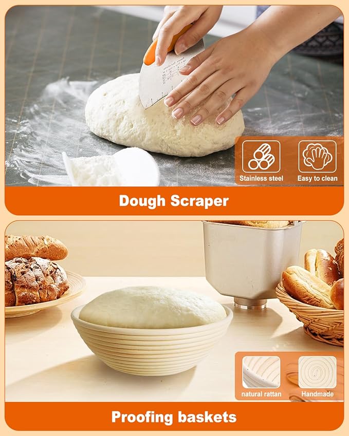 Sourdough Bread Baking Supplies Tools,10 Inch Oval & 9 Inch Round Banneton Bread Proofing Basket Set,Sourdough Starter Kit Gift for Bread Making (white with Starter Jar)