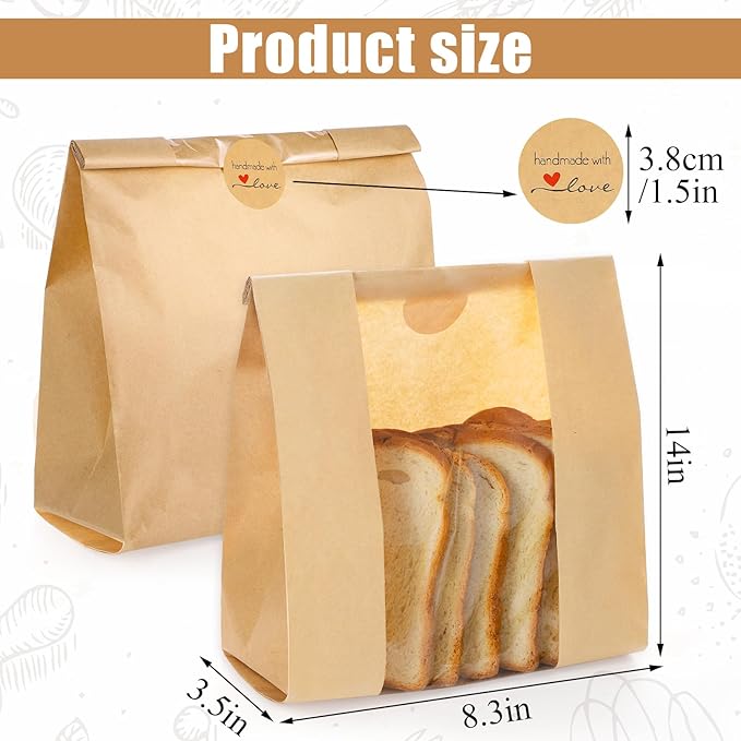 WSICSE 30 Pack Paper Bread Bags with Window, 14 * 8.3 * 3.5 Inch Disposable Brown Simple Fold Top Bag for Homemade Bread, Sourdough, Bagels, Croissants, Donuts